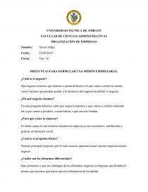 PREGUNTAS PARA FORMULAR UNA MISIÓN EMPRESARIAL. Página 1
