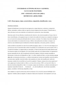 REPORTE DE LABORATORIO LAB 1: Rocas ígneas, origen, características, composición, identificación y usos. Página 1