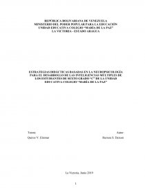 ESTRATEGIAS DIDÁCTICAS BASADAS EN LA NEUROPSICOLOGÍA PARA EL DESARROLLO DE LAS INTELIGENCIAS MÚLTIPLES DE LOS ESTUDIANTES DE SEXTO GRADO “C” DE LA UNIDAD EDUCATIVA COLEGIO “MARÍA DE LA PAZ”. Página 1