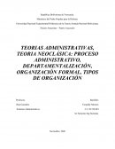 TEORIAS ADMINISTRATIVAS, TEORIA NEOCLÁSICA: PROCESO ADMINISTRATIVO, DEPARTAMENTALIZACIÓN, ORGANIZACIÓN FORMAL, TIPOS DE ORGANIZACIÓN