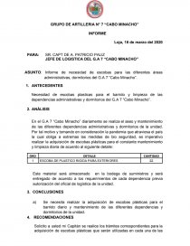 Informe de necesidad de escobas para las diferentes áreas administrativas, dormitorios del G.A 7 “Cabo Minacho”. Página 1