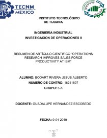 RESUMEN DE ARTÍCULO CIENTIFICO “OPERATIONS RESEARCH IMPROVES SALES FORCE PRODUCTIVITY AT IBM”. Página 1