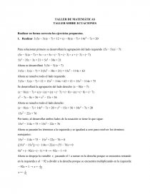 TALLER DE MATEMÁTICAS. TALLER SOBRE ECUACIONES. Página 1