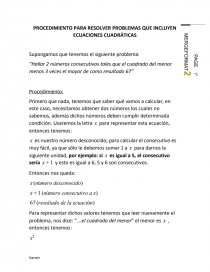 PROCEDIMIENTO PARA RESOLVER PROBLEMAS QUE INCLUYEN ECUACIONES CUADRÁTICAS. Página 1