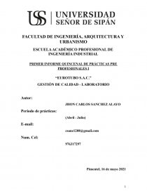 PRIMER INFORME QUINCENAL DE PRÁCTICAS PRE PROFESIONALES I “EUROTUBO S.A.C.”. Página 1