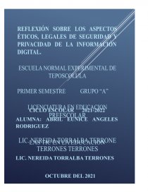 REFLEXIÓN SOBRE LOS ASPECTOS ÉTICOS , LEGALES DE SEGURIDAD Y PRIVACIDAD DE LA INFORMACIÓN DIGITAL. Página 1