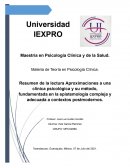 Lectura Aproximaciones a una clínica psicológica y su método, fundamentada en la epistemología compleja y adecuada a contextos postmodernos