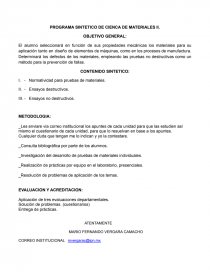 PROGRAMA SINTETICO DE CIENCA DE MATERIALES. Página 1