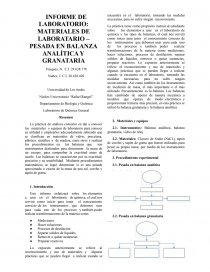 INFORME DE LABORATORIO: MATERIALES DE LABORATORIO – PESADA EN BALANZA ANALÍTICA Y GRANATARIA. Página 1