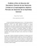 Análisis crítico al discurso del Secretario General de las Naciones Unidas en el septuagésimo séptimo Período de Sesiones de la Asamblea General