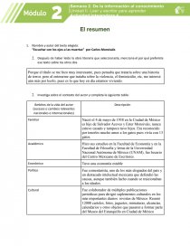 El resumen “Escuchar con los ojos a las muertas” por Carlos Monsiváis. Página 1