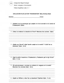 Evaluación plan lector “Frankenstein”. Página 1